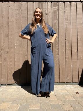 Natural Life Navy Wide Leg Loungewear Jumpsuit S/M Boho Casual Women’s Pockets